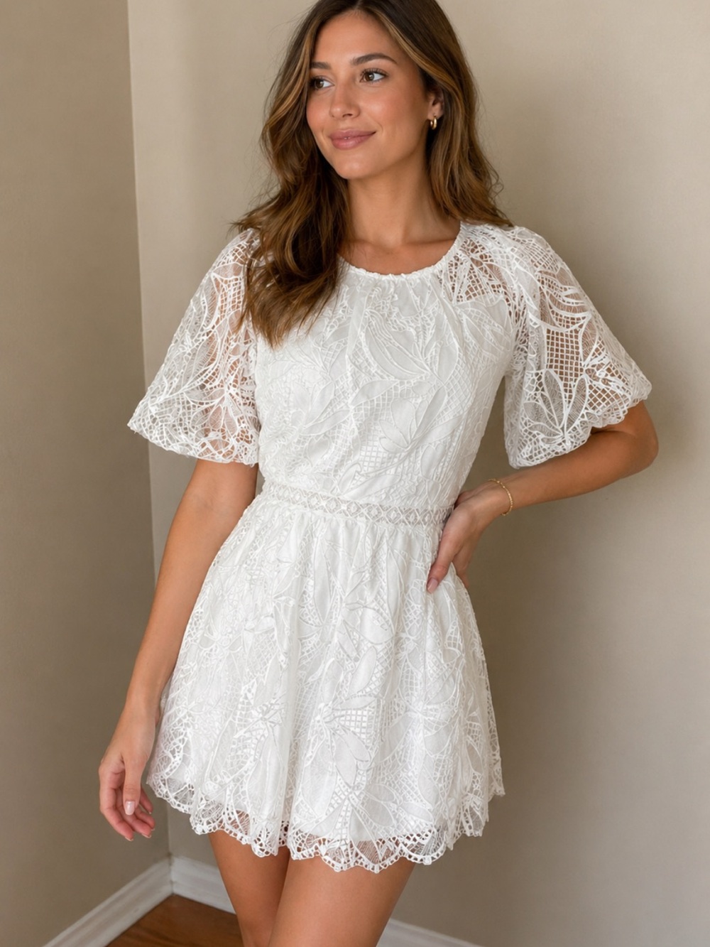 New Monique Lhuillier dress mini gathered guipure lace White Fit Flare
